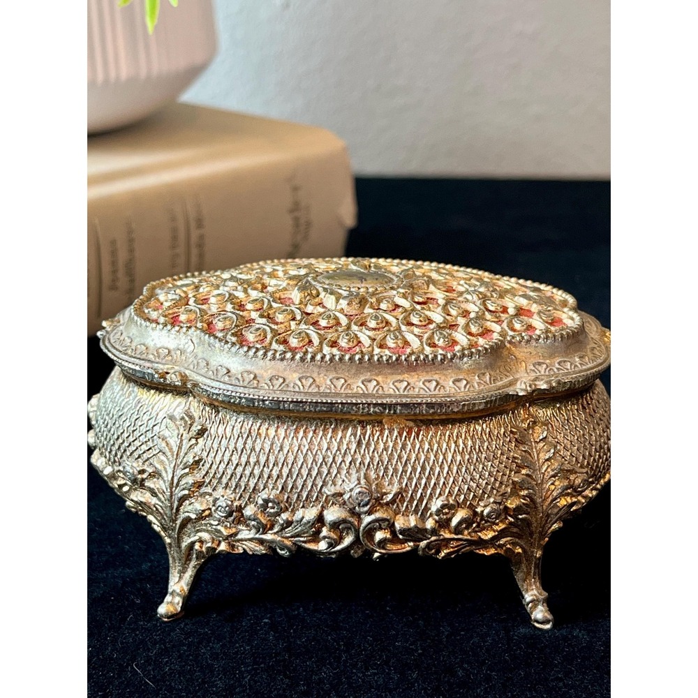 Vintage Gold Tone Filigree Jewelry Box Red Velvet Floral Footed Trinket Box